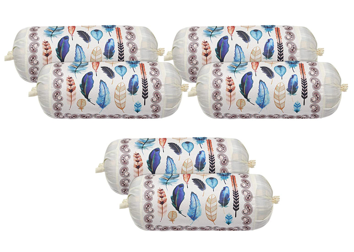 Kuber Industries Bolster Cover|Polyester Bolster Cover Set|Diwan Round Bolster Pillow Covers|Luxurious Feather Print Roll Masand Cover|Pack of 6 (Cream)