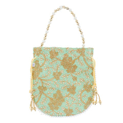 Heart Home Embroidery Drawstring Potli|Hand Purse With Gold Pearl Border & Handle For Woman,Girls (Green)