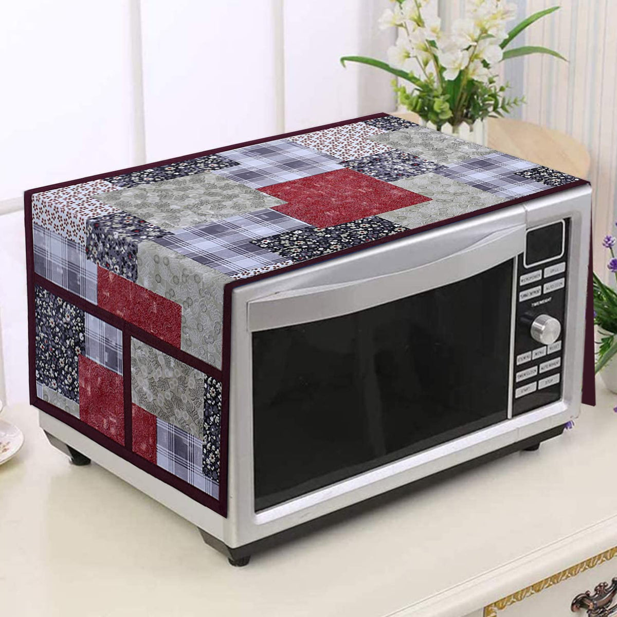 Heart Home Multicheck Printed PVC Decorative Microwave Oven Top Cover with 4 Utility Pockets (Multicolor)
