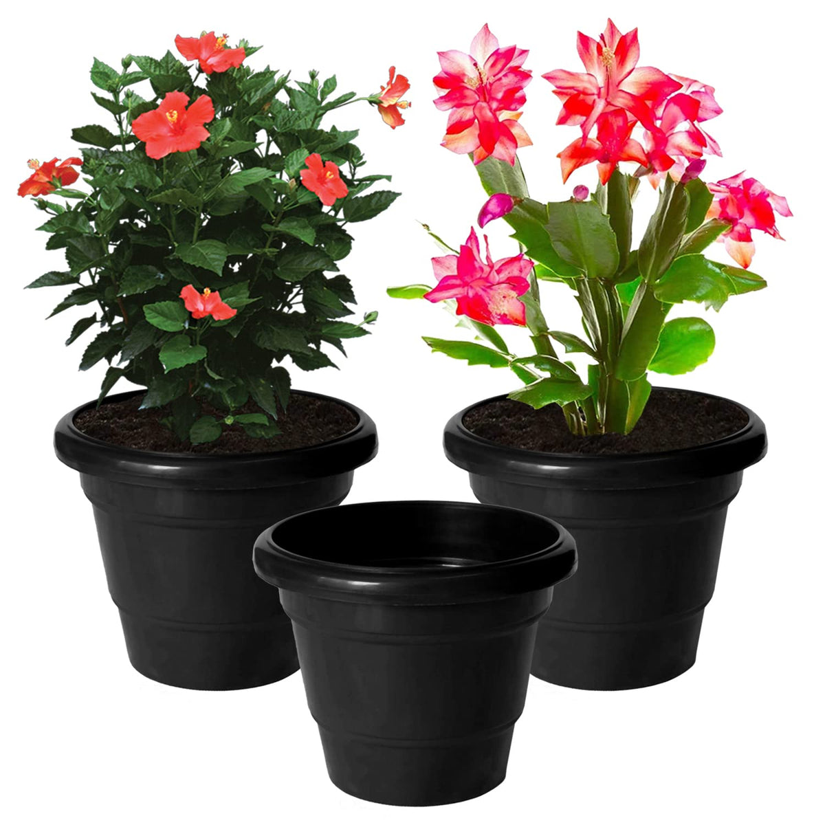 Kuber Industries Solid 2 Layered Plastic Flower Pot|Gamla for Home Decor,Nursery,Balcony,Garden,6"x5",Pack of 3 (Black)