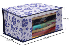 Kuber Industries Flower Design 3 Piece Non Woven Fabric Saree Cover Set with Transparent Window, Extra Large, Royal Blue-CTKTC031940