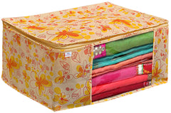 Heart Home Flower Printed Non-Woven Saree Cover, Clothes Organiser, Storage Bag For Wardrobe With Tranasparent Window- Pack of 12 (Yellow)-HS43HEARTH26126