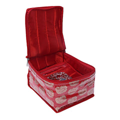 Kuber Industries Brocade Jewellery kit with 10 Pouch|Solid Print With Waterproof Outer Material|10 Pouches & Zipper Closure|Size 19 x 18 x 13, Pack of 1 (Red)
