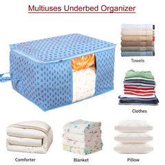 Heart Home Non-Woven Floral Print Underbed|Blanket Cover With Transparent Window, Zippered & Handle, Pack of 4 (Sky Blue)