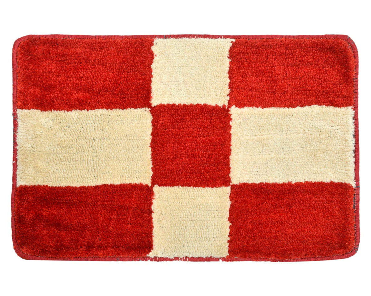 Heart Home Check Design Multiuses Home Décor Non-Slip Velvet Door Mat (Cream & Red)-50HH01085