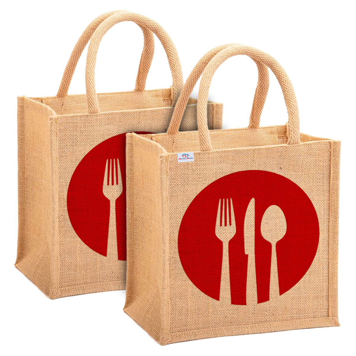 Heart Home Fork Knife Print Jute Reusable Eco-Friendly Hand Bag/Grocery Bag For Man, Woman With Handle Pack Of 2 (Red) 54HH4358.