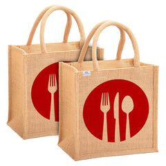 Heart Home Fork Knife Print Jute Reusable Eco-Friendly Hand Bag/Grocery Bag For Man, Woman With Handle Pack Of 2 (Red) 54HH4358.