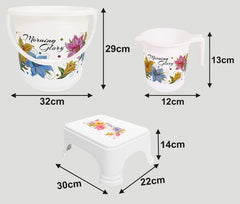 Heart Home Printed 3 Pieces Plastic Bucket, Mug & Stool Set (White)