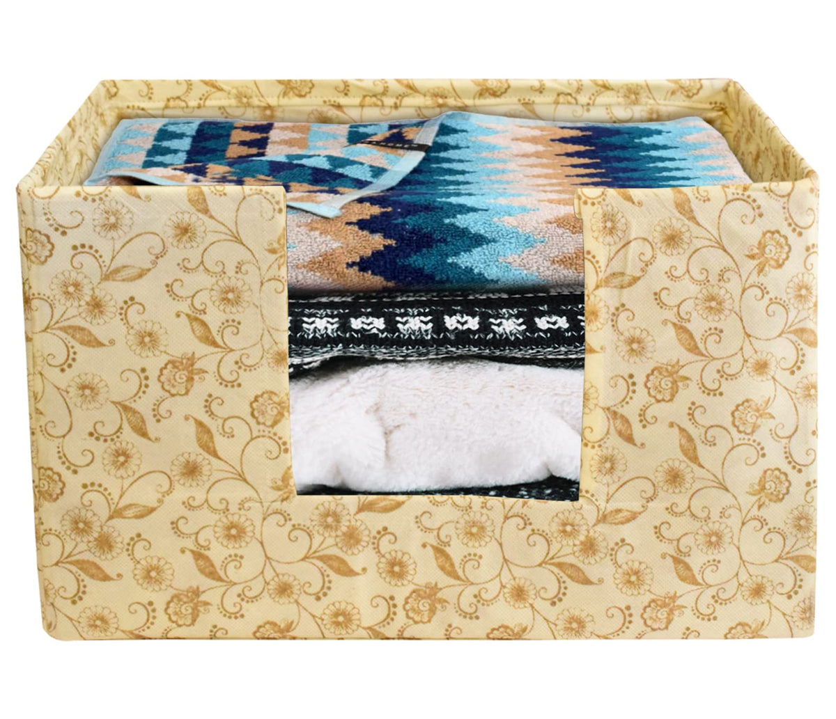 Heart Home Metallic Flower Printed Multiuses Non-Woven Closet Organizer, Storage Bin, Shelf Storage Oragnizer With Handle (Ivory)-HS43HEARTH26367