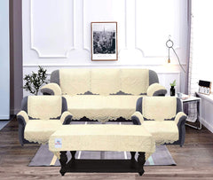 Heart Home Circle Design Cotton 5 Seater Sofa Cover Set with 6 Pieces Arms Cover and 1 Center Table Cover (Set of 17, Cream)-HEART11998, Standard