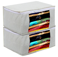 Kuber Industries Cotton Water Resistant & Foldable Dot Print Saree Cover| Clothes Organizer for Home & Travel With Transparent Window,Pack of 2 (Cream)