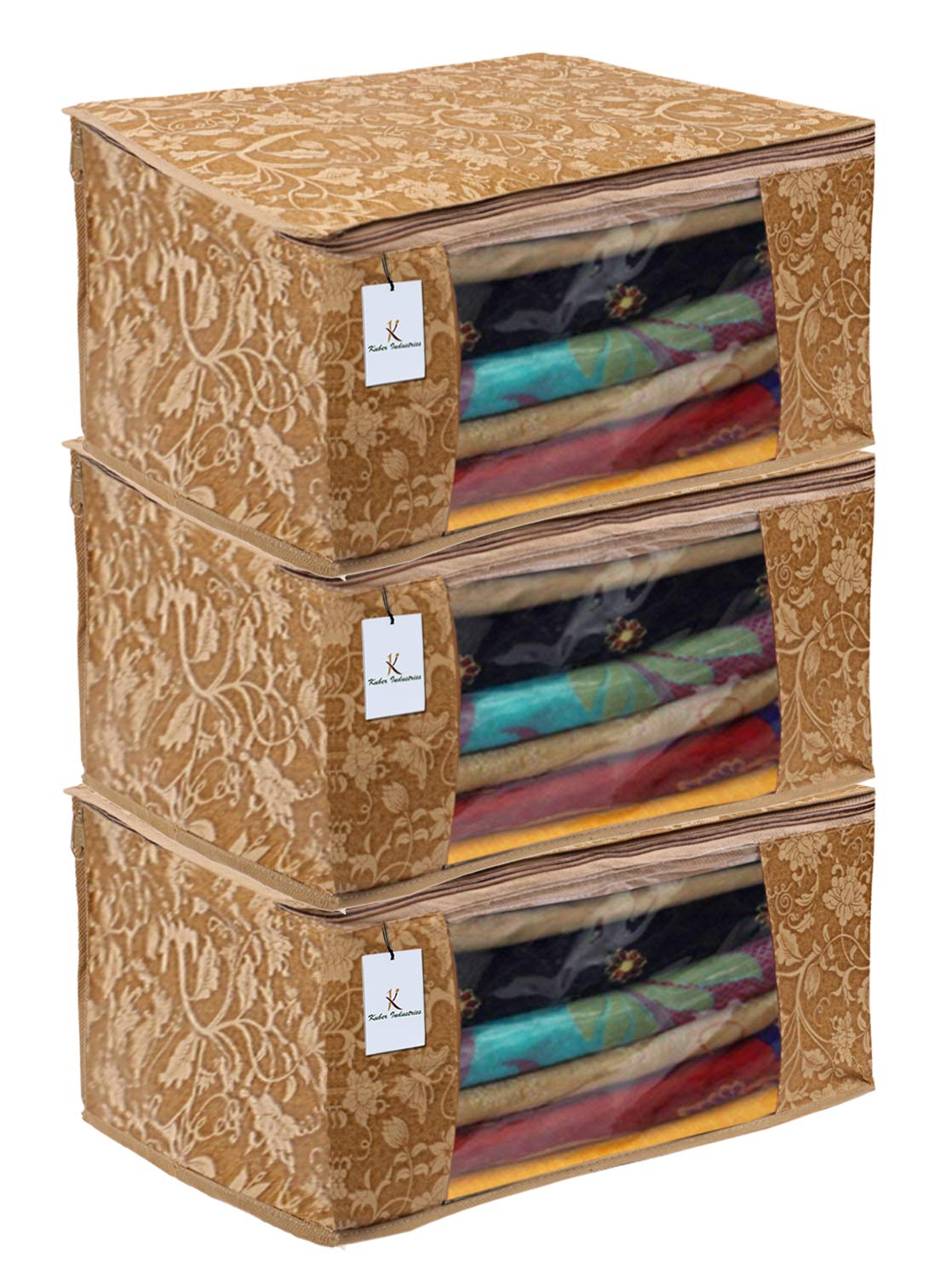 Kuber Industries Saree Covers With Zip|Saree Covers For Storage|Saree Packing Covers For Wedding|Pack of 3 (Beige)