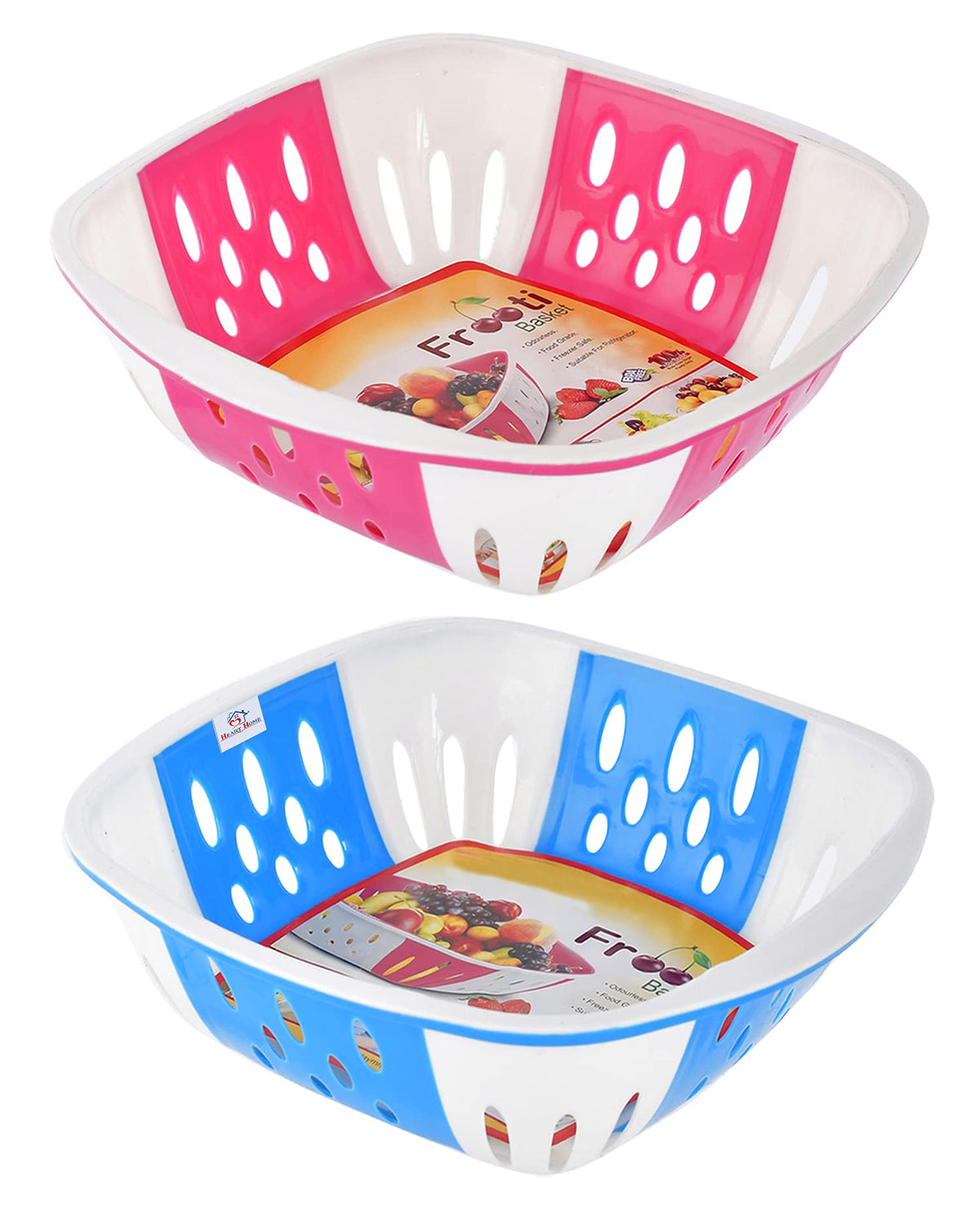 Heart Home Large Multi-Purpose Plastic Storage Baskets for Fruits Vegetables and Kitchen Fridge Dining Table- Pack of 2 (Pink & Blue)-HS42KUBMART25398