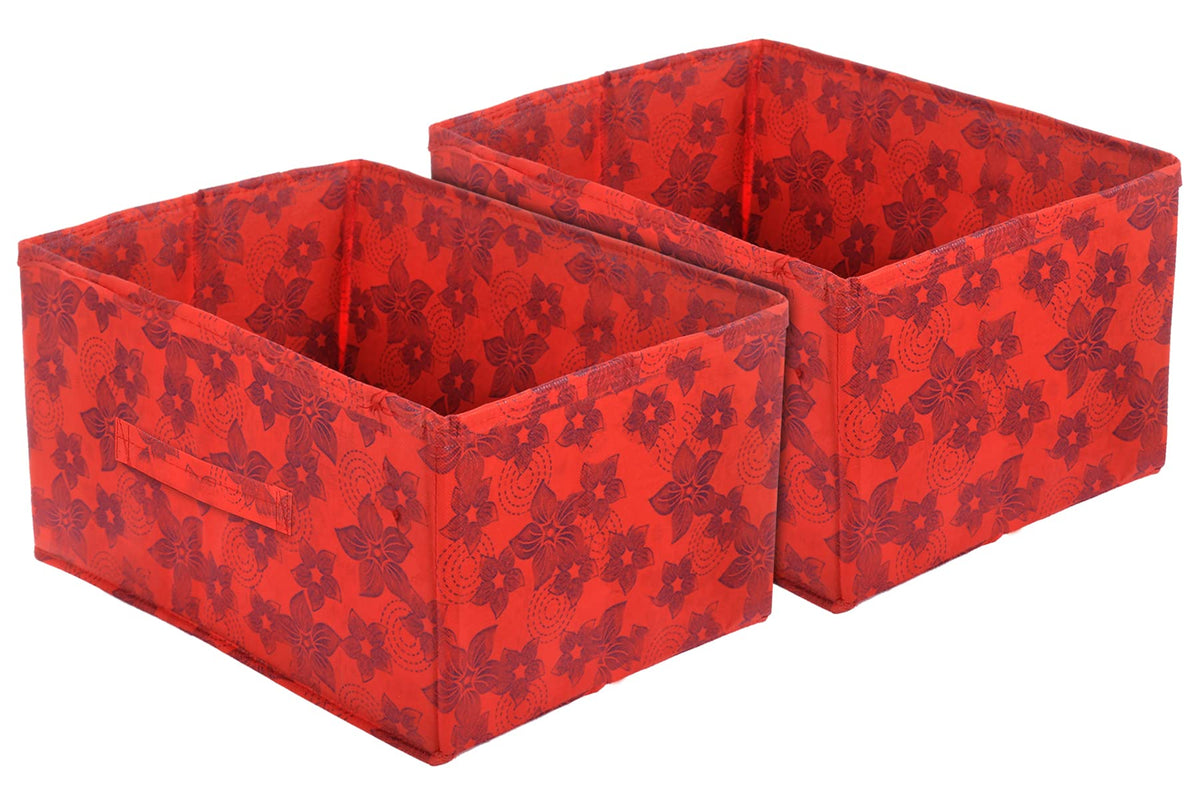 Heart Home Metallic Flower Printed Multipurposes Rectangular Flodable Storage Box, Drawer Storage and Cloth Organizer- Pack of 2 (Red)-HS43HEARTH26333
