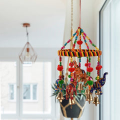 Heart Home Rajasthani Traditional Windchimes|Hanging Ring Elephant with Bells|Polyester Handcrafted Latkan|Decorative Door Hanging Latkan (Multicolor)