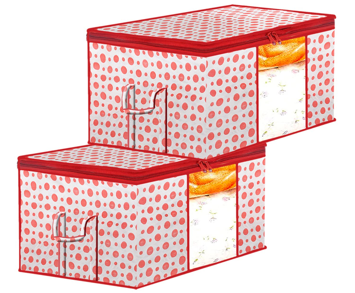 Kuber Industries Dot Printed Multiuses Non Woven Underbed/Storage Bag/Organizer With Transparent Window & Handle Pack of 2 (Pink)-46KM0591