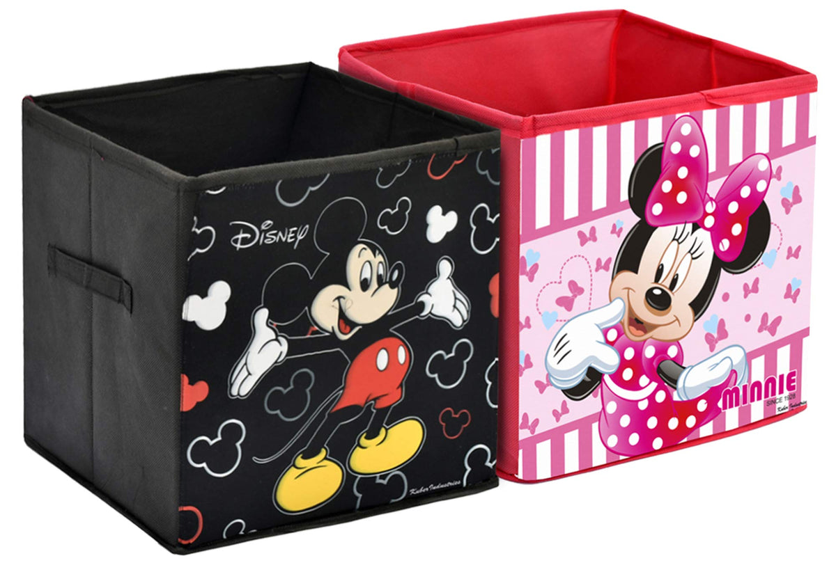 Kuber Industries Disney Print Non Woven Fabric Foldable Toy, Books, Shoes Cube Storage Box with Handle (Black & Pink, Large, 2 Pieces)