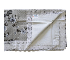 Heart Home Flower Printed Oval Shape PVC Spillproof, Waterproof, Antislip, Wipe Clean 6 Seater Table Cover with White Lace Border, 60"x90" (Grey)