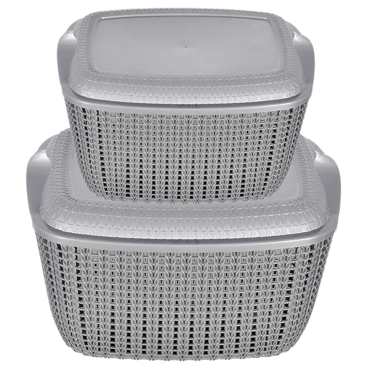 Heart Home Multiuses Large & Small M 30-25 Plastic Basket/Organizer With Lid- Set of 2 (Grey) -46HH057