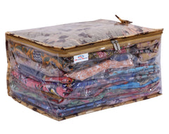 Heart Home Multiuses PVC Flower Print Wardrobe Organizer/Storage Bag For Store Saree, Lehenga, Suit, Dress, Clothes With Transparent Window (Beige) 52HH4074