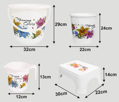 Kuber Industries Printed 4 Pieces Plastic Bucket, Dustbin, Mug & Stool Set (White) (HS39KUBMART023508)