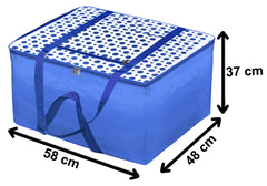 Kuber Industries Dot Printed Large Size Lightweight Foldable Rexine Jumbo Underbed Storage Bag with Zipper and Handle (Blue & White)