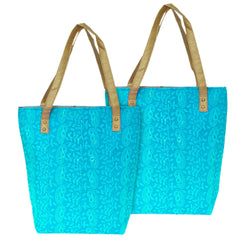 Heart Home Embroidery Polyester Women Handbag for College, Travel, Grocery, Shopping, Book Bag with Carrying Handle- Pack of 2 (Blue)-50HH01154