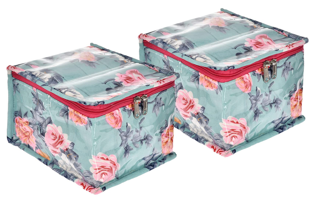 Kuber Industries Flower Printed Laminated PVC Jewellery Organiser/Storage Bag for Necklace: Earrings: Rings: Bracelet With 10 Transparent Pouches- Pack of 2 (Green) -45KM023