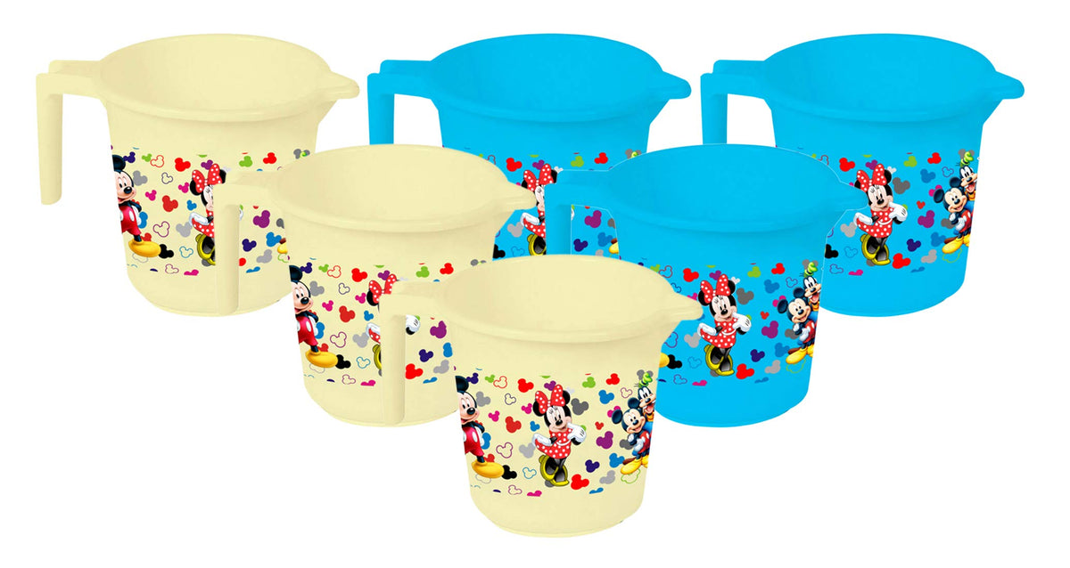 Kuber Industries Disney Team Mickey Print 6 Pieces Unbreakable Strong Plastic Bathroom Mug,500 ML (Cream & Blue) -HS_35_KUBMARTS17165