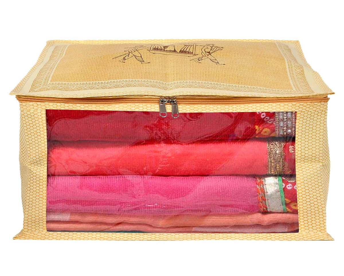 Kuber Industries Doli Printed Non-woven Foldable Saree Cover/Clothes Storage Bag/Wardrobe Organizer With Transparent Window (Gold) 54KM4173