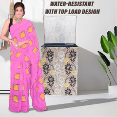 Heart Home Washing Machine Cover | Golden Flower Print Washing Machine Cover | Knitting Polyester | Top Load Semi-Automatic Washing Machine Cover | Brown