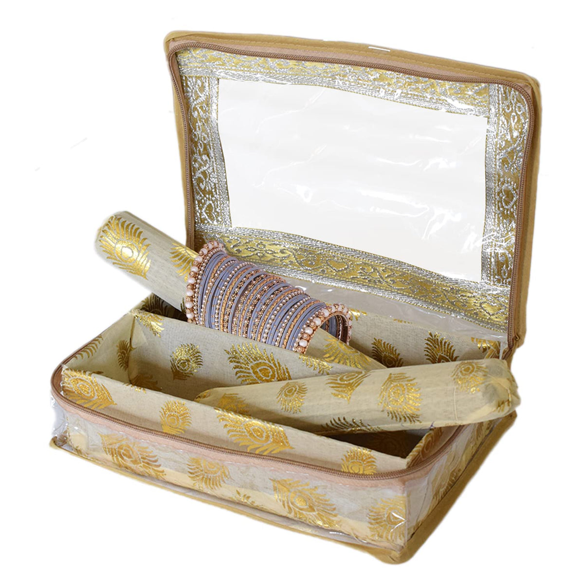 Heart Home Feather Design Laminated 2 Rod Box, Organizer For Bangle, Watches, Bracelets, Jewellery With Tranasparent Top (Gold)-47HH0174