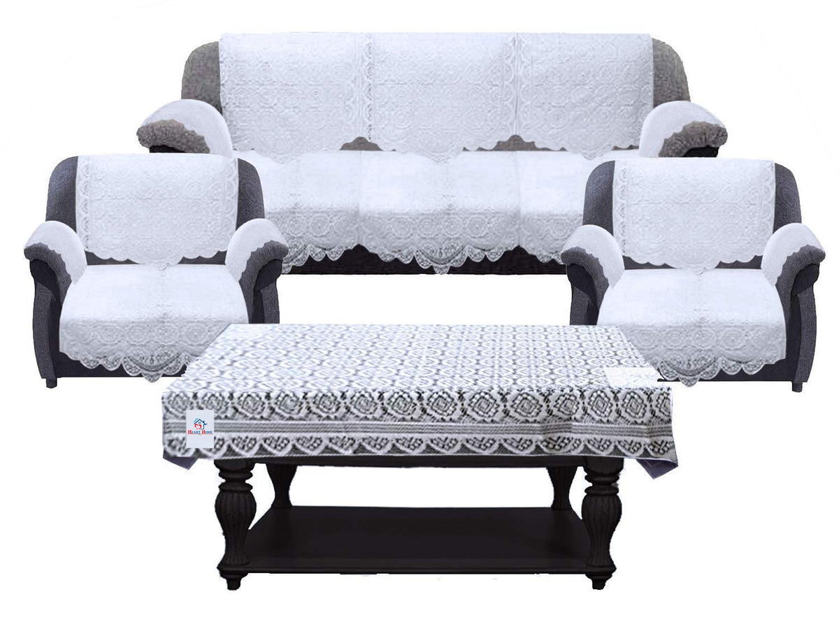 Heart Home Circle Design Cotton 5 Seater Sofa Cover Set with 6 Pieces Arms Cover and 1 Center Table Cover (Set of 17, White)-HEART12000, Standard