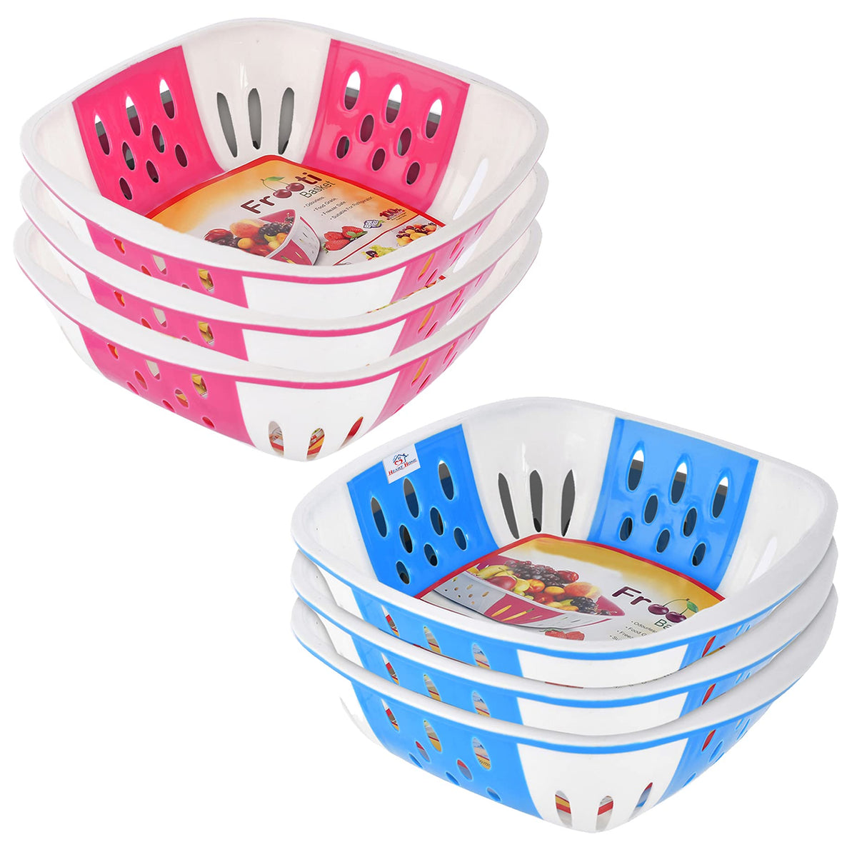 Heart Home Medium Multi-Purpose Plastic Storage Baskets for Fruits Vegetables and Kitchen Fridge Dining Table- Pack of 6 (Pink & Blue)-HS42KUBMART25340