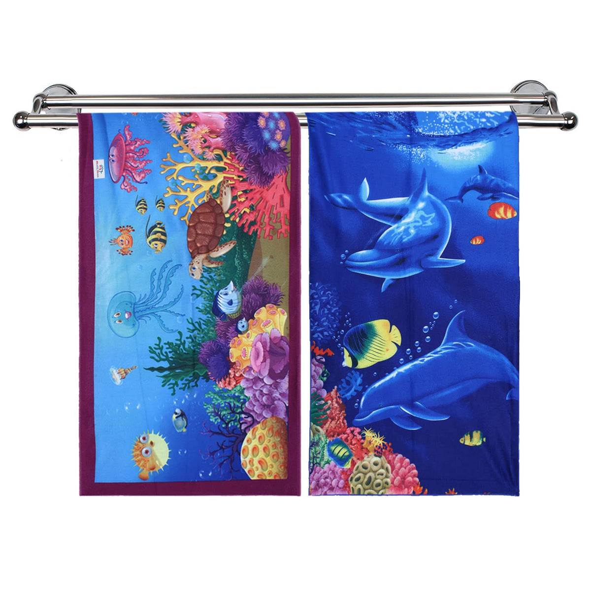 Heart Home Kids Bath Towel|Soft Cotton & Sides Stitched Baby Towel|Super Absorbent Ocean & Aquarium Print Towel for Infants,Pack of 2 (Multicolor)