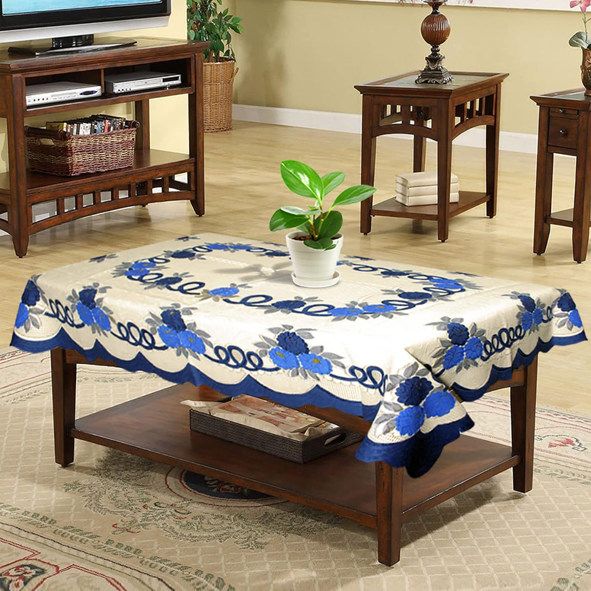 Heart Home Flower Printed Cotton 4 Seater Center Table Cover,40"x60" (Cream & Blue)-44HH039