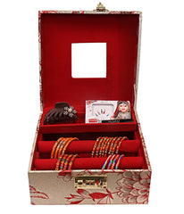 Kuber Industries Circle Design Wooden Jewellery Box & Travel Jewellery Box With 2 Bangle Rod, Mirror & Number Lock System - Pack of 2 (Gold)-47KM0543