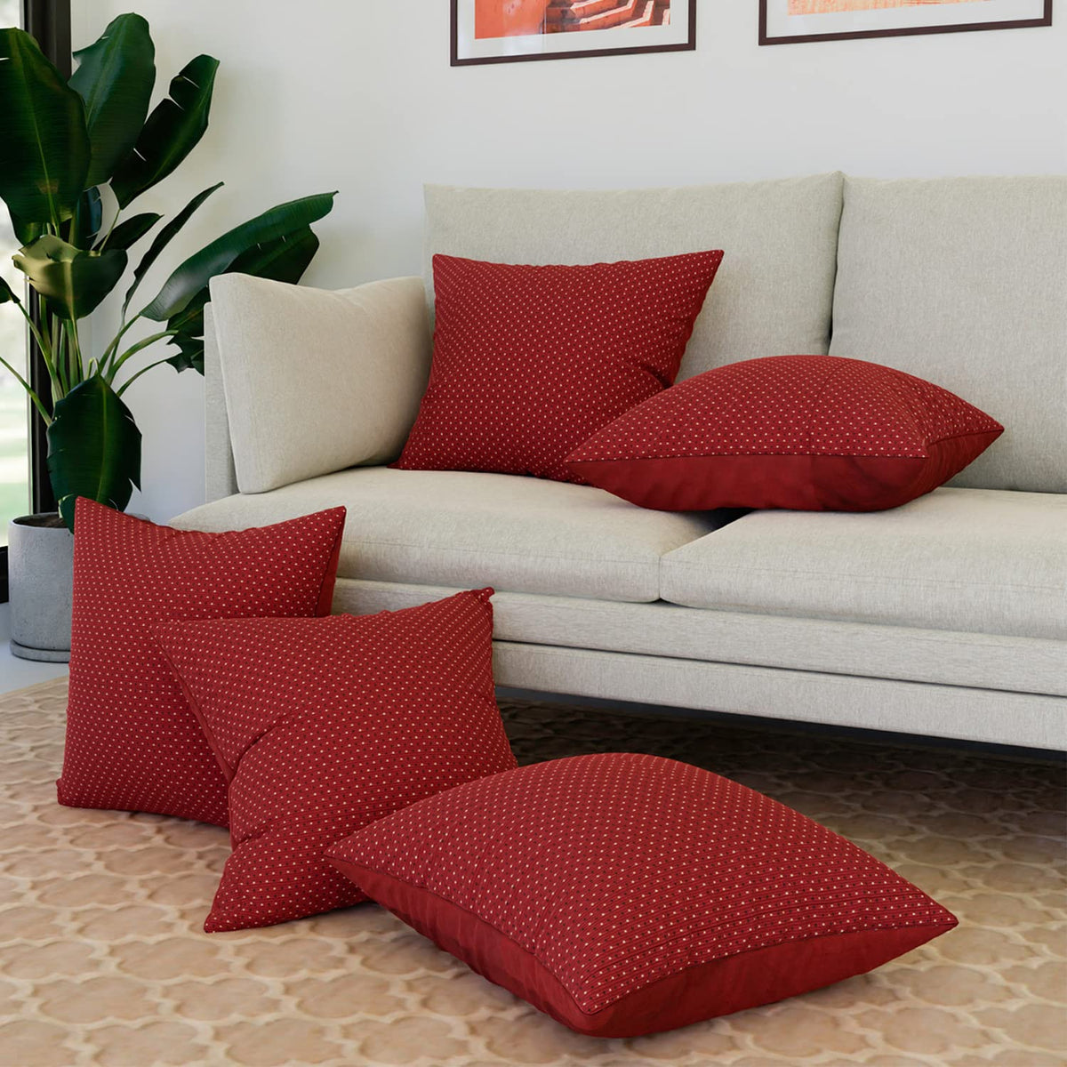 Kuber Industries Cushion Cover | Sofa Cushion Covers | Embossed Square Cushion Covers | Polyester Cushion Covers | Dot Print Couch Cushion Covers | Set of 5 | 16 Inch | Maroon