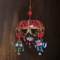 Heart Home Rajasthani Traditional Windchimes|Handcrafted Latkan|Toran with 5 Decorative Hanging Elephants (Red)