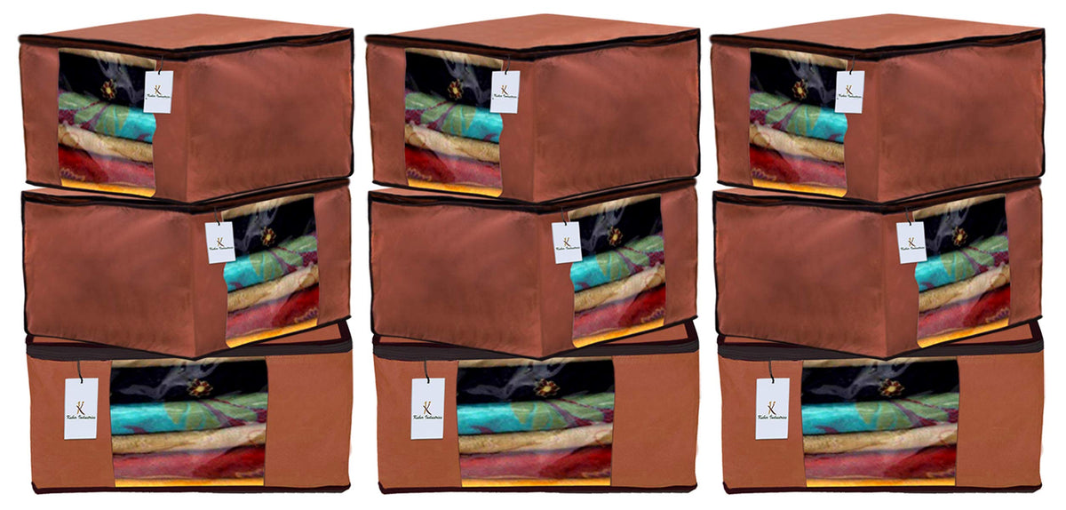 Kuber Industries 9 Pieces Non Woven Fabric Saree Cover/Clothes Organiser for Wardrobe Set with Transparent Window, Extra Large (Brown)-KUBMART2772