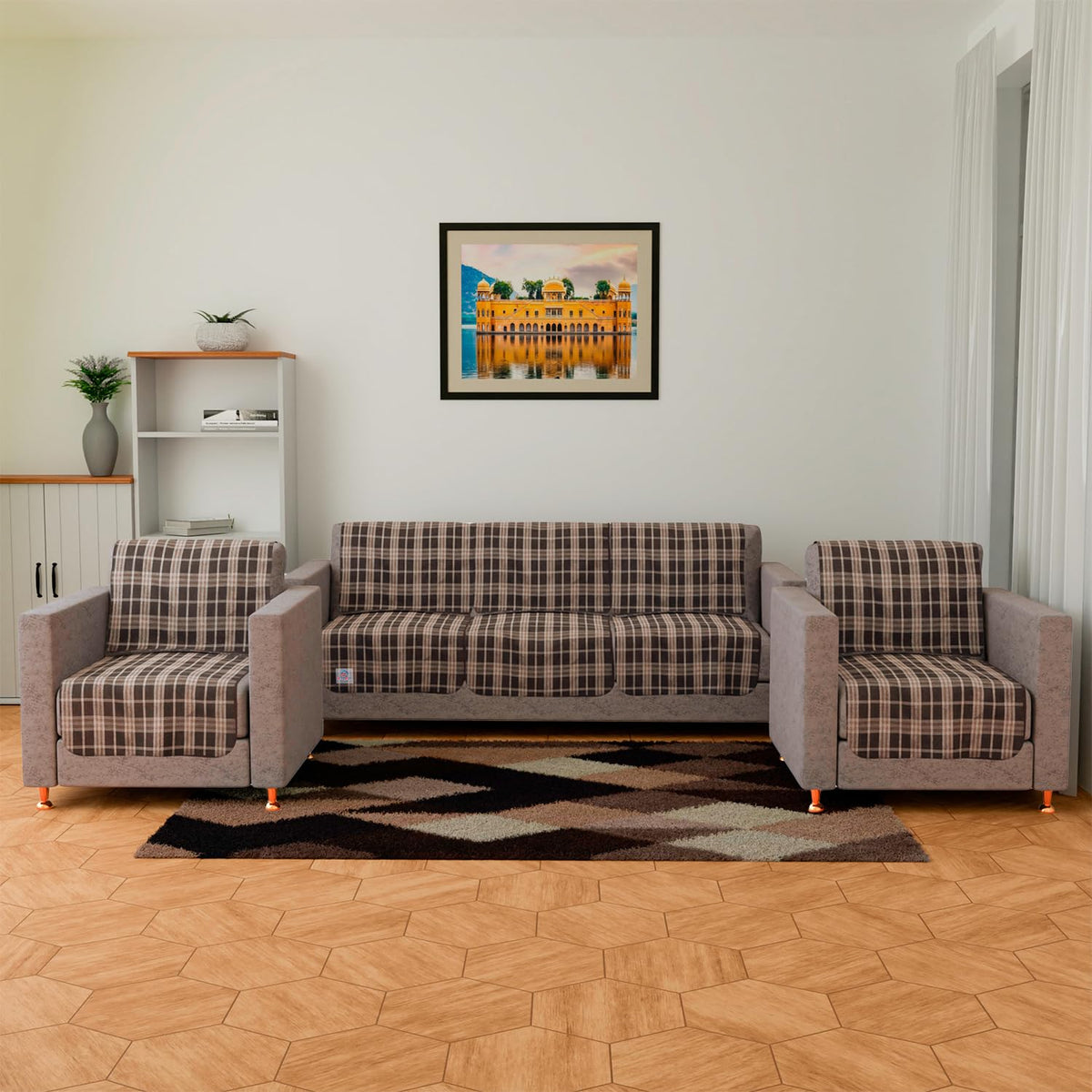 Heart Home Sofa Cover | Jute 5 Seater Sofa Covers | Couch Cover for Home Décor | Sofa Cover for Hall | Check Design Sofa Cover | Sofa Cover set for Living room | Dark Brown