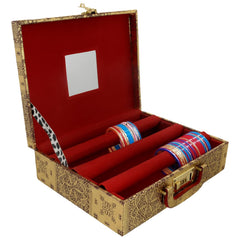 Kuber Industries Multipurpose Wooden Emobssed Design 3 Rod Bangle Box/Organizer/Case With Mirror & Number Lock System (Gold)-47KM0553