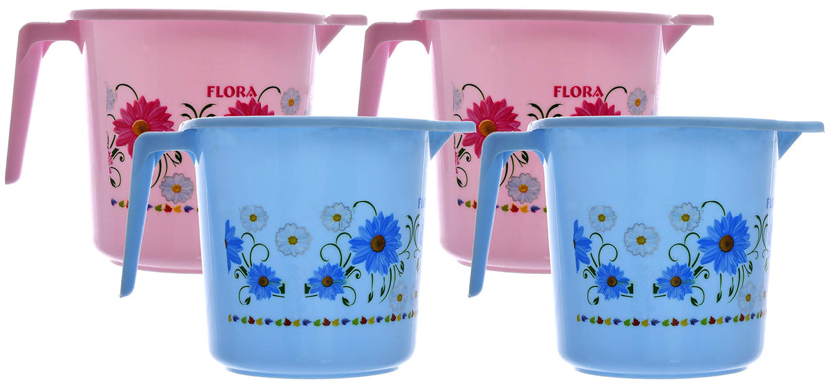 Kuber Industries Floral Printed Virgin Plastic 4 Pieces Bathroom Mug, 1000 ml (Blue & Pink)-KUBMART1252