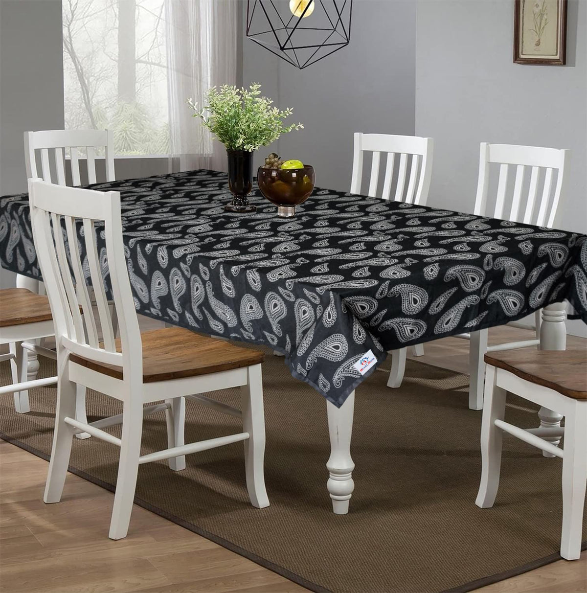 Heart Home Cotton Carry Print 6 Seater Dining Table Cover/Table Cloth for Home & Dining Table (Black) 54HH4373.
