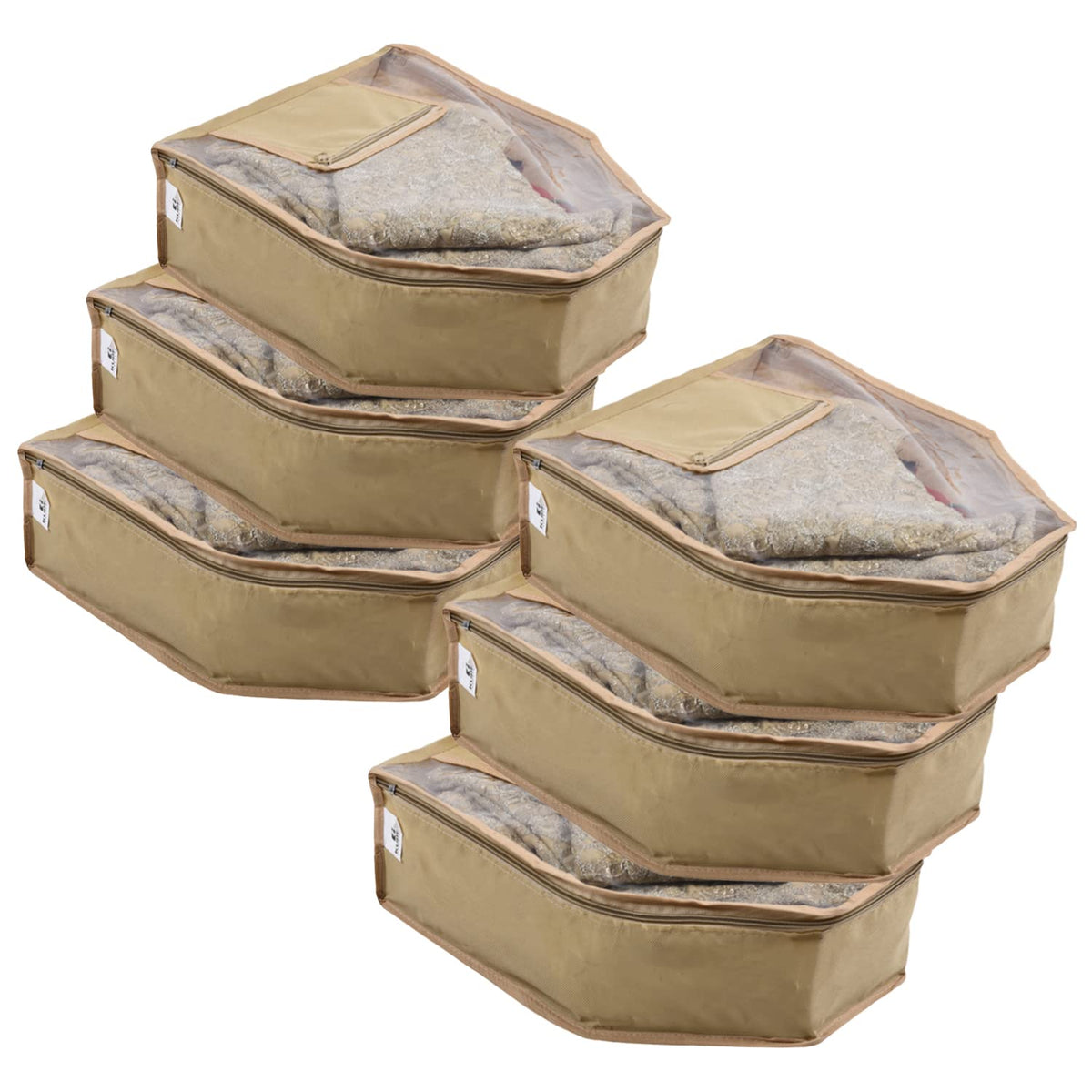 Kuber Industries Blouse Cover | Non Woven Foldable Wardrobe Organizer For Woman | Cloth Organizer Top Transparent & One Small Pocket | Pack of 6 | Cream