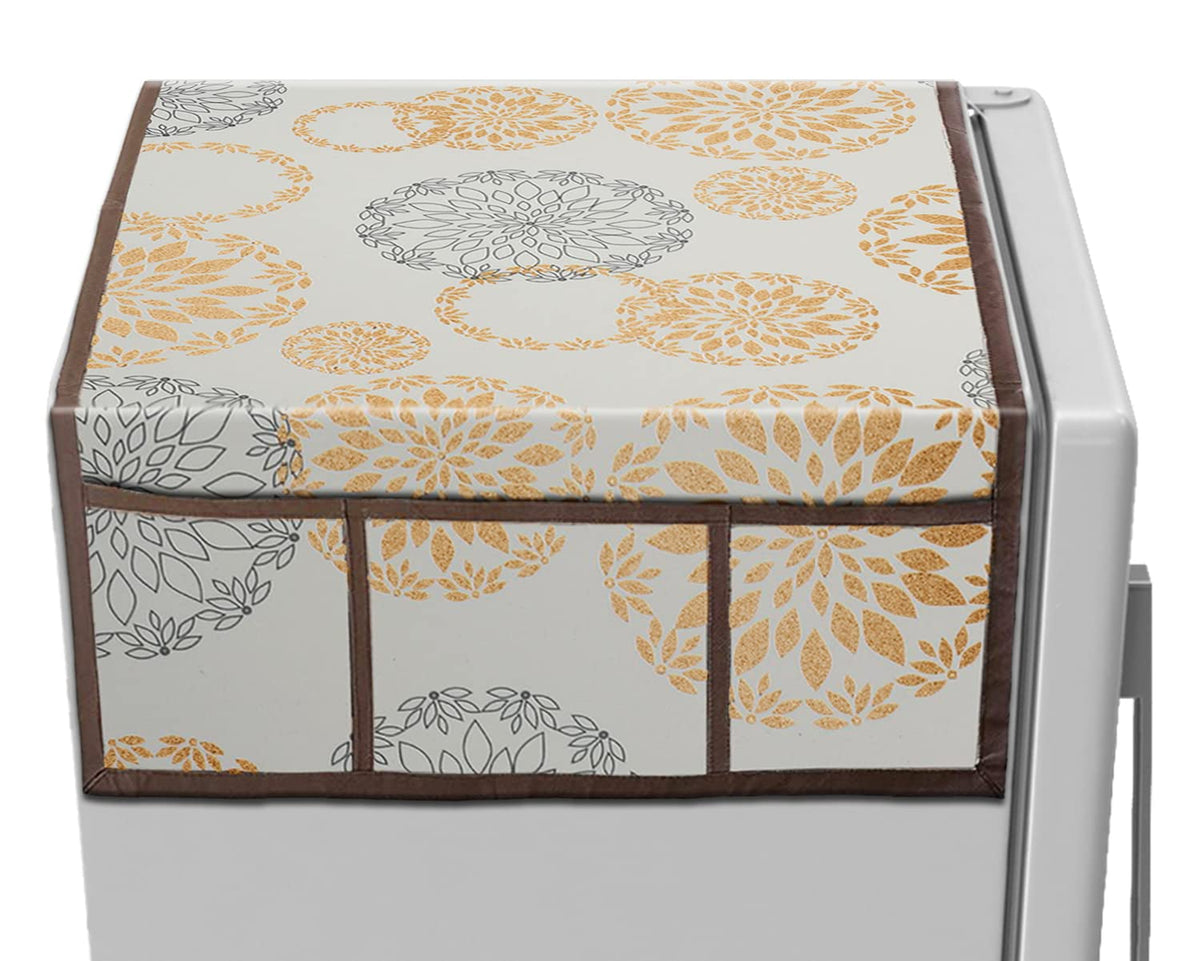Heart Home Rangoli Printed PVC Fridge Top Cover With 6 Utility Side Pockets (White)