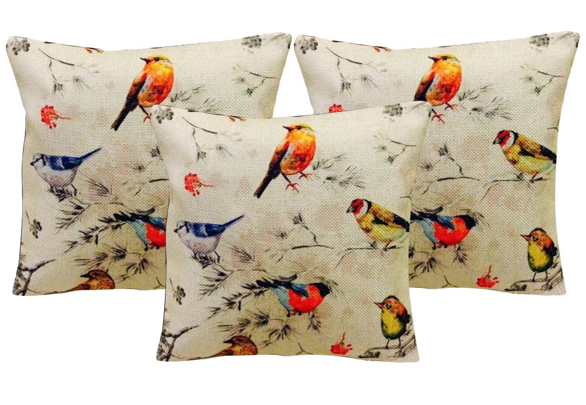 Kuber Industries Bird 3 Piece Jute Cushion Cover - 16"x16", Cream