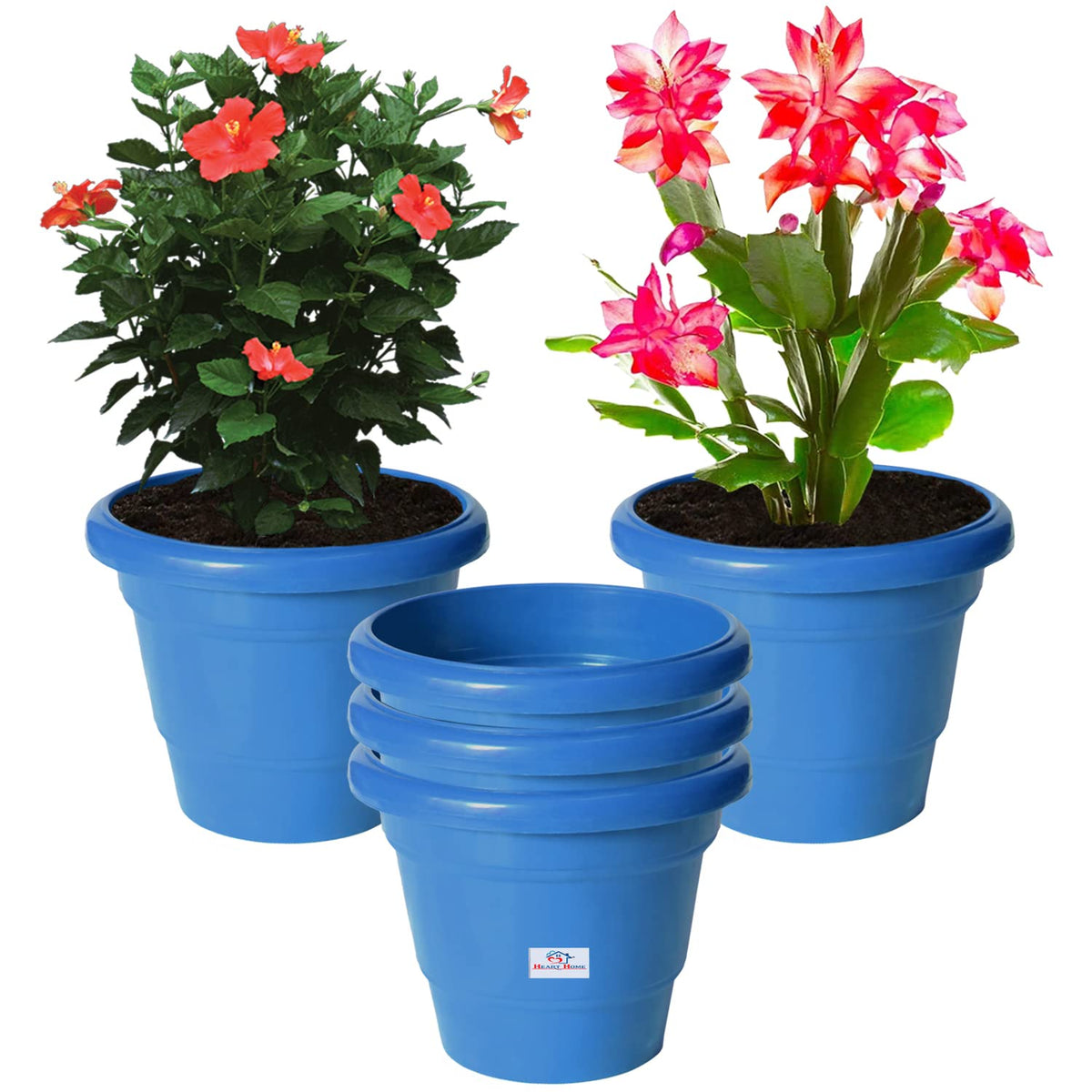 Heart Home Solid 2 Layered Plastic Flower Pot|Gamla for Home Decor,Nursery,Balcony,Garden,6"x5",Pack of 5 (Blue)