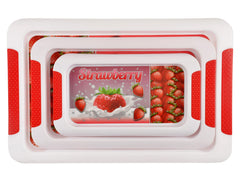 Kuber Industries Strawberry Printed Plastic Serving Tray, Set of 3 (Red)