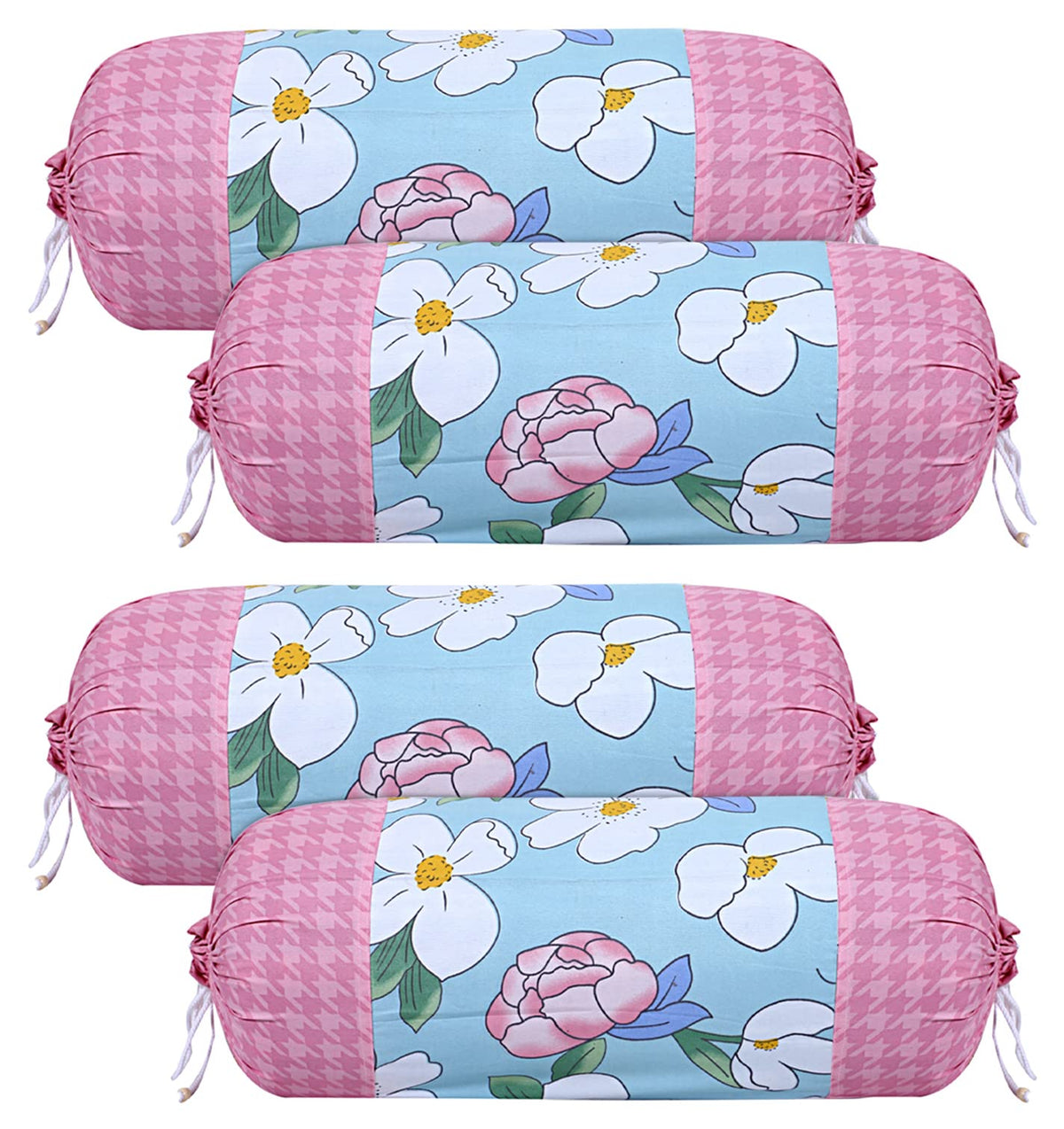 Kuber Industries Cotton Flower Print Attractive Bolster Cover with Drawstring for Home Décor,Set of 4 (Pink)